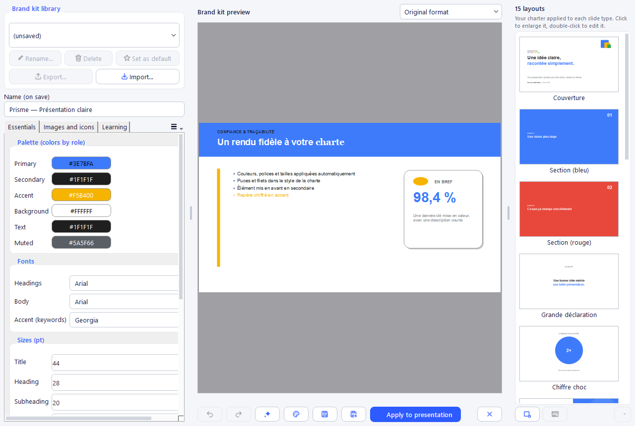 Brand kit editor — palette and fonts