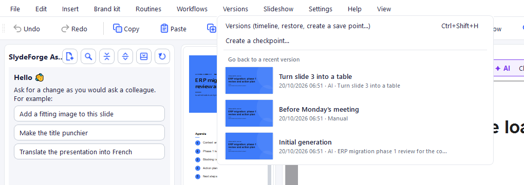 Versions menu: timeline, checkpoint and the 3 latest versions