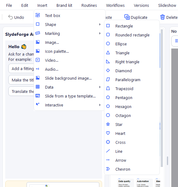 Available shapes submenu