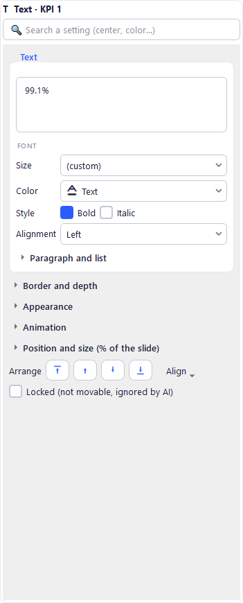 Animation section of the properties panel: fade on click, Counter emphasis