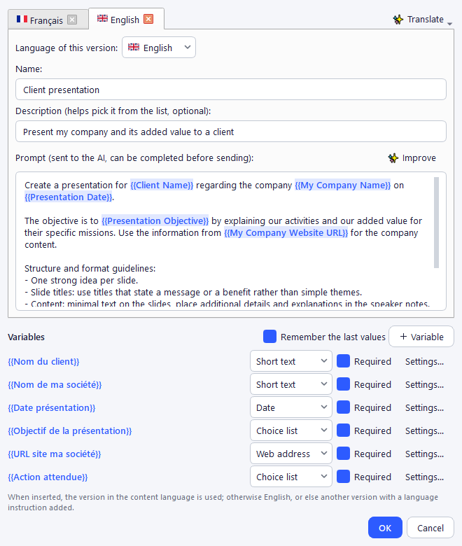 "Client presentation" routine and its variables