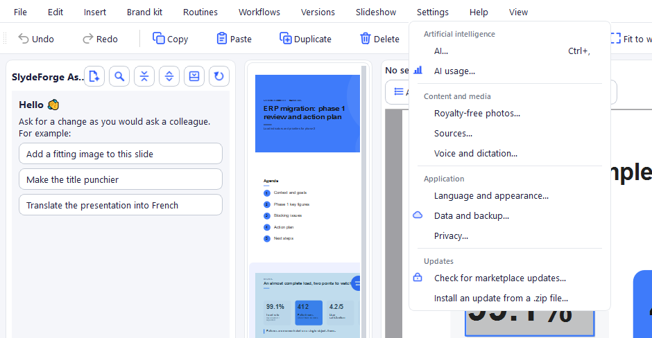 Settings menu: Artificial intelligence, Content and media, Application, Updates