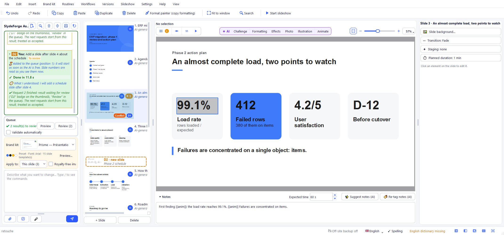 Pending results: “D1” and “Conflict” badges on slide 3, slide added by D2 shown dotted, queue with “Preview” and “Review (2)”