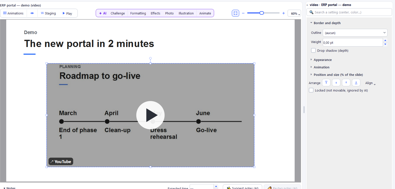 YouTube video on a slide: its poster, the play button and the platform's name