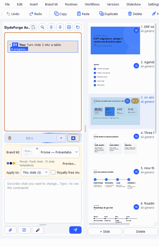 D1 in progress; D2 typed then added to the queue; D1 finished waits for review (D1 badge) while D2 starts; D2 adds a dotted slide; a manual edit creates a conflict