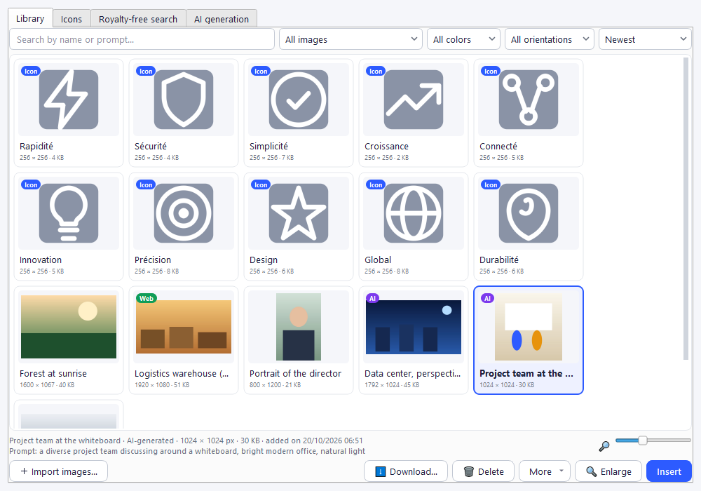 Image library: search, filters, source badges and details of the selected image
