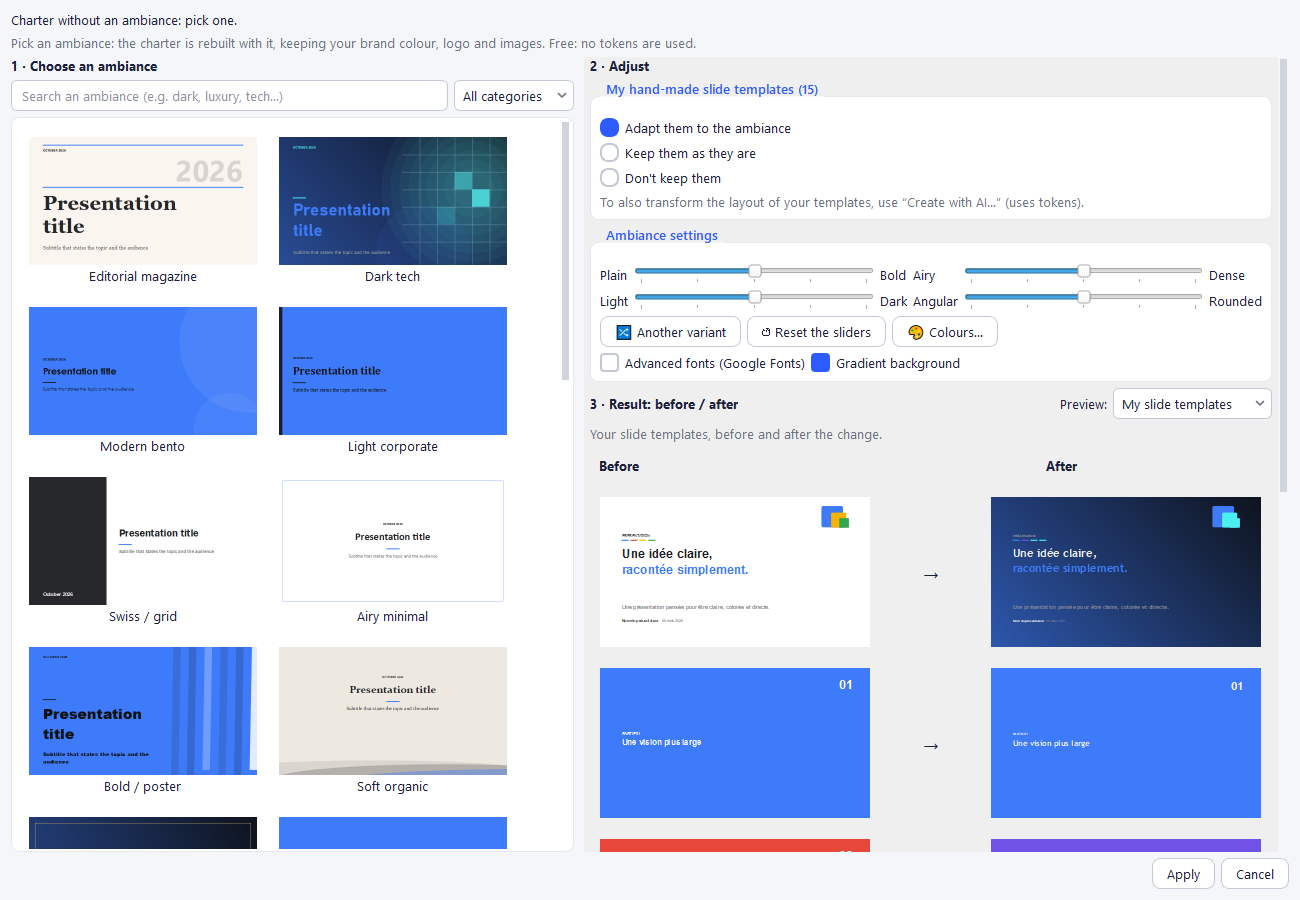 Change the ambiance of a brand kit — choose, adjust, compare