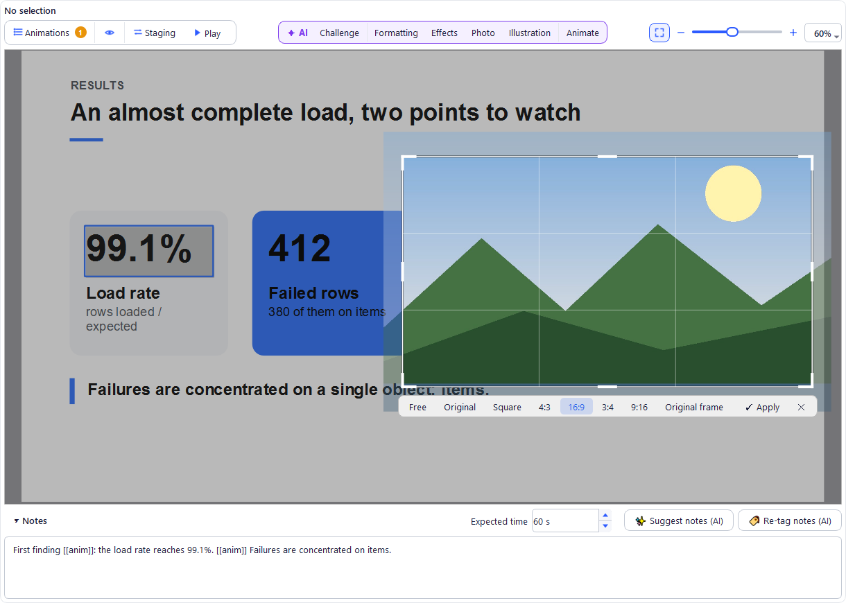 Cropping on the slide: the whole image faintly around the frame, handles, rule-of-thirds lines and the proportions bar