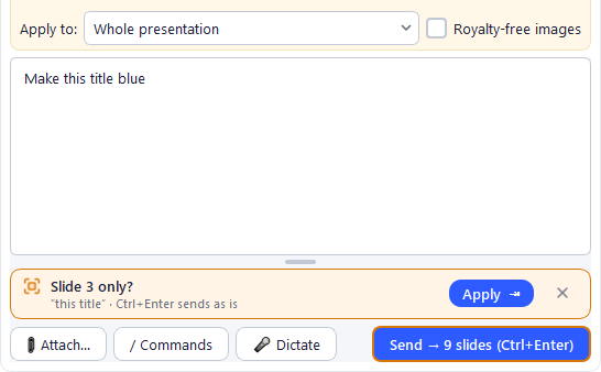 "Make this title blue" on "Whole presentation": the orange card suggests "Slide 3 only?", Tab applies it